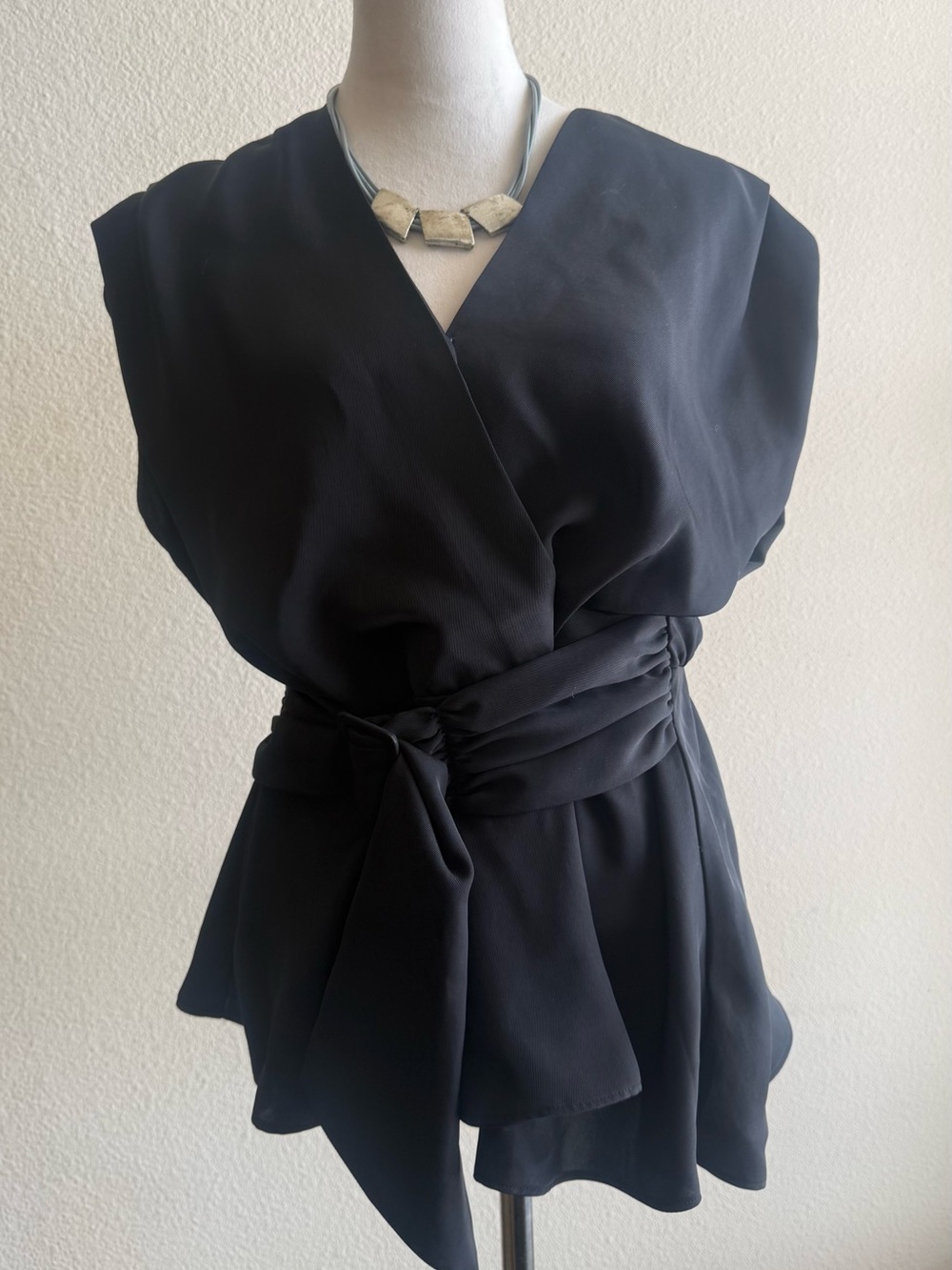 Sleeveless Black Wrap Top with Waist Tie